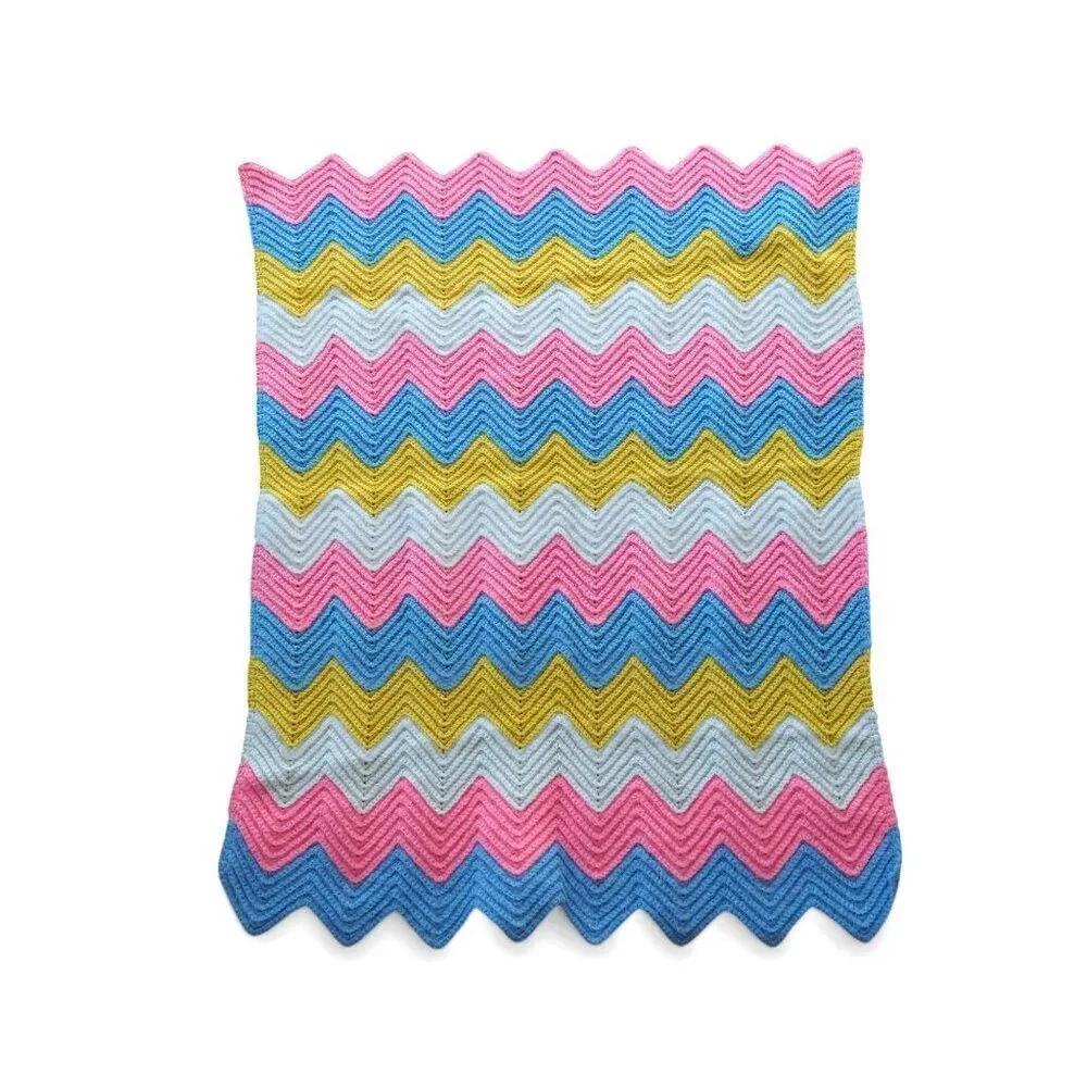Handmade Chevron Crochet Knitted Baby Blanket Pink Blue Yellow White‎ 27